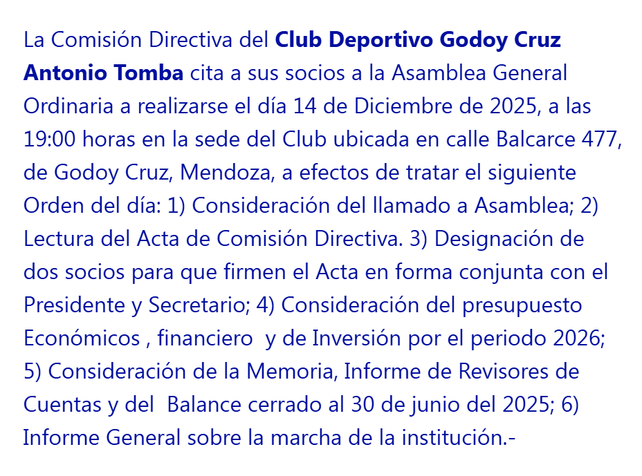 Las convocatorias a dos asambleas de Godoy Cruz en el Boletín Oficial.  

13/12: elecciones de 9 a 18.

14/12: a las 19 se tratará el presupuesto, Memoria y Balance. Además de "informe general sobre la marcha de la institución".