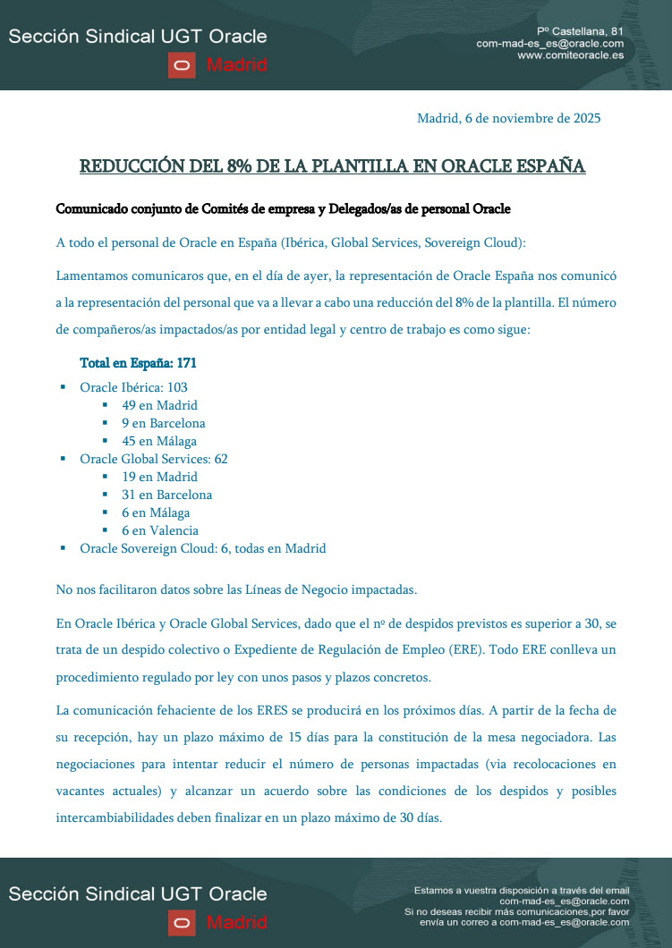 ComiteOracle's tweet image. COMUNICADO: REDUCCIÓN DEL 8% DE LA PLANTILLA EN ORACLE ESPAÑA
#oracle #ComiteOracleMadridUGT #Forbes #linkedin #nomasdespidos