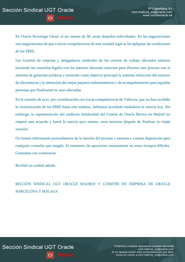 ComiteOracle's tweet image. COMUNICADO: REDUCCIÓN DEL 8% DE LA PLANTILLA EN ORACLE ESPAÑA
#oracle #ComiteOracleMadridUGT #Forbes #linkedin #nomasdespidos