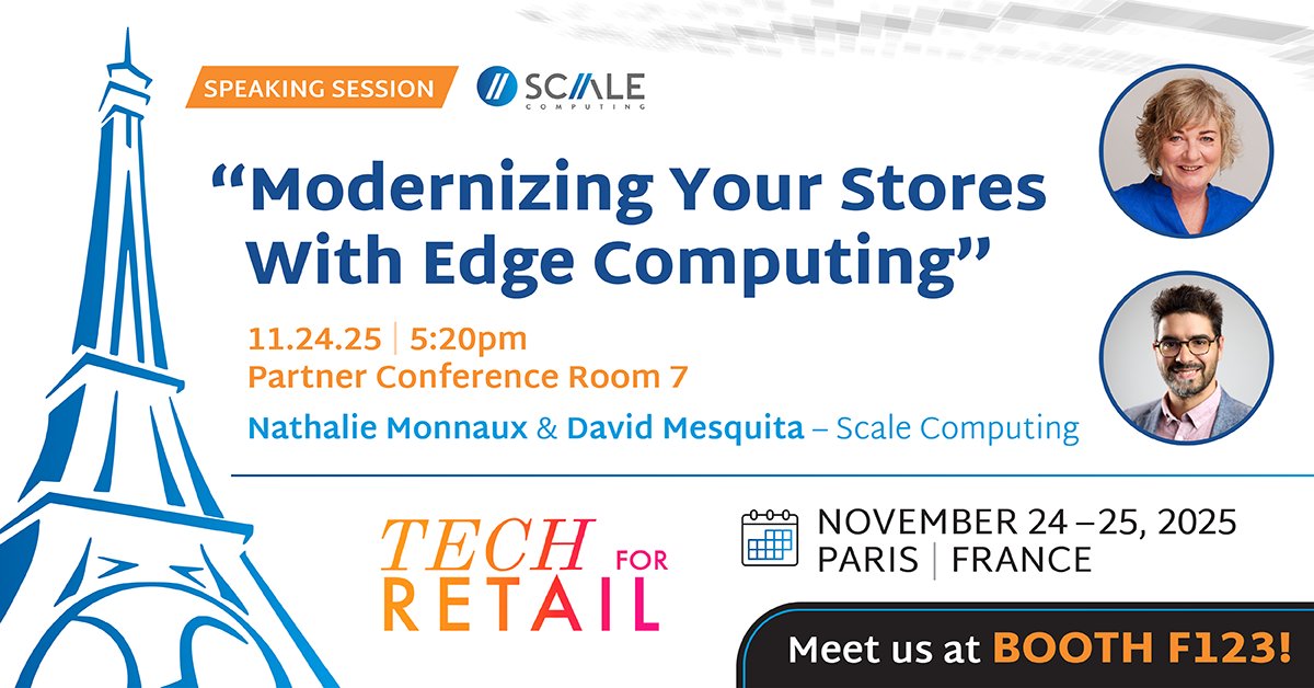 ScaleComputing's tweet image. If you&apos;ll be attending Tech For Retail next week, meet our team at booth F123! On 11/24 Nathalie Monnaux &amp;amp; David Mesquita take the stage for a can&apos;t-miss presentation on &quot;Modernizing Your Stores With Edge Computing.&quot;

techforretail.com

#TFR25 #EdgeComputing #RetailTech