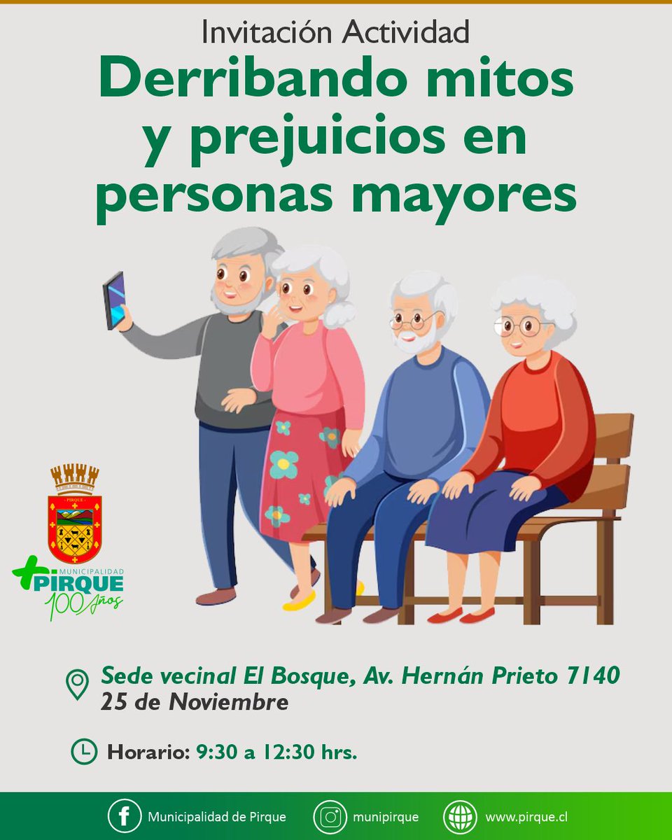 Te invitamos a participar en la actividad “Derribando mitos y prejuicios en personas mayores”.

Un espacio para reflexionar, aprender y promover una mirada más respetuosa hacia nuestras personas mayores. ¡Te esperamos!