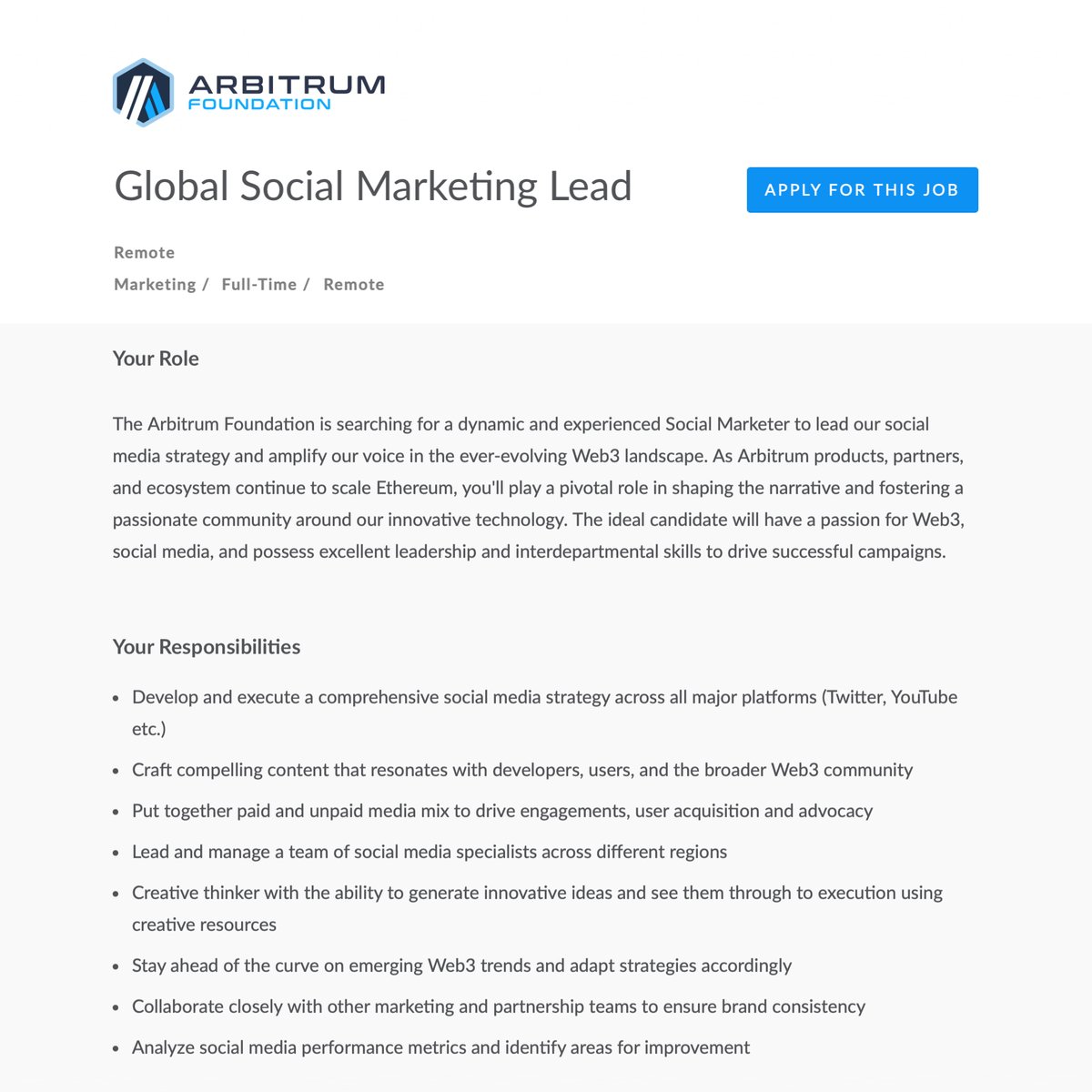 MarcinPress's tweet image. Tag the person who should run @arbitrum socials 👇 

We’re hiring a Global Social Marketing Lead.