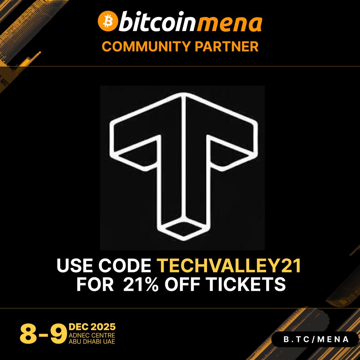 TechValleyUAE's tweet image. We are pleased to invite you to Bitcoin MENA Abu Dhabi 2025 one of the region’s leading gatherings in blockchain and the digital economy.
As Tech Valley, the supporting partner of @bitcoinmenaconf we are delighted to offer our community an exclusive discount.

Use the promo code…