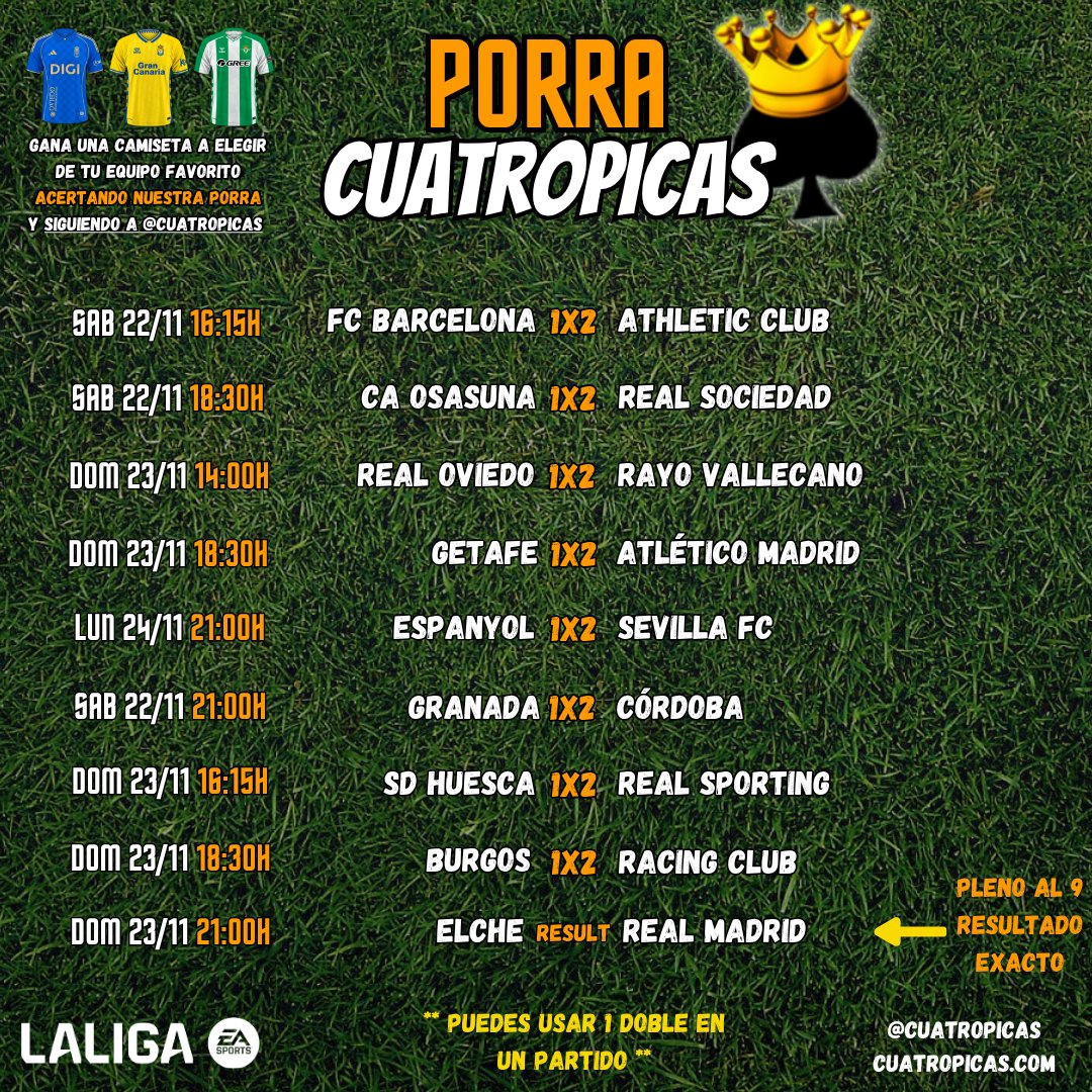 ♠️♠️♠️♠️

Vamos con la #Porra4Picas 🎯 de esta semana.

Acierta los 9 resultados y gana una camiseta 👕🎁 a tu elección. 

Recuerda: 8 resultados a 1X2 🎲 (puedes usar un Doble) y el "Pleno al 9" con el resultado exacto 🧐