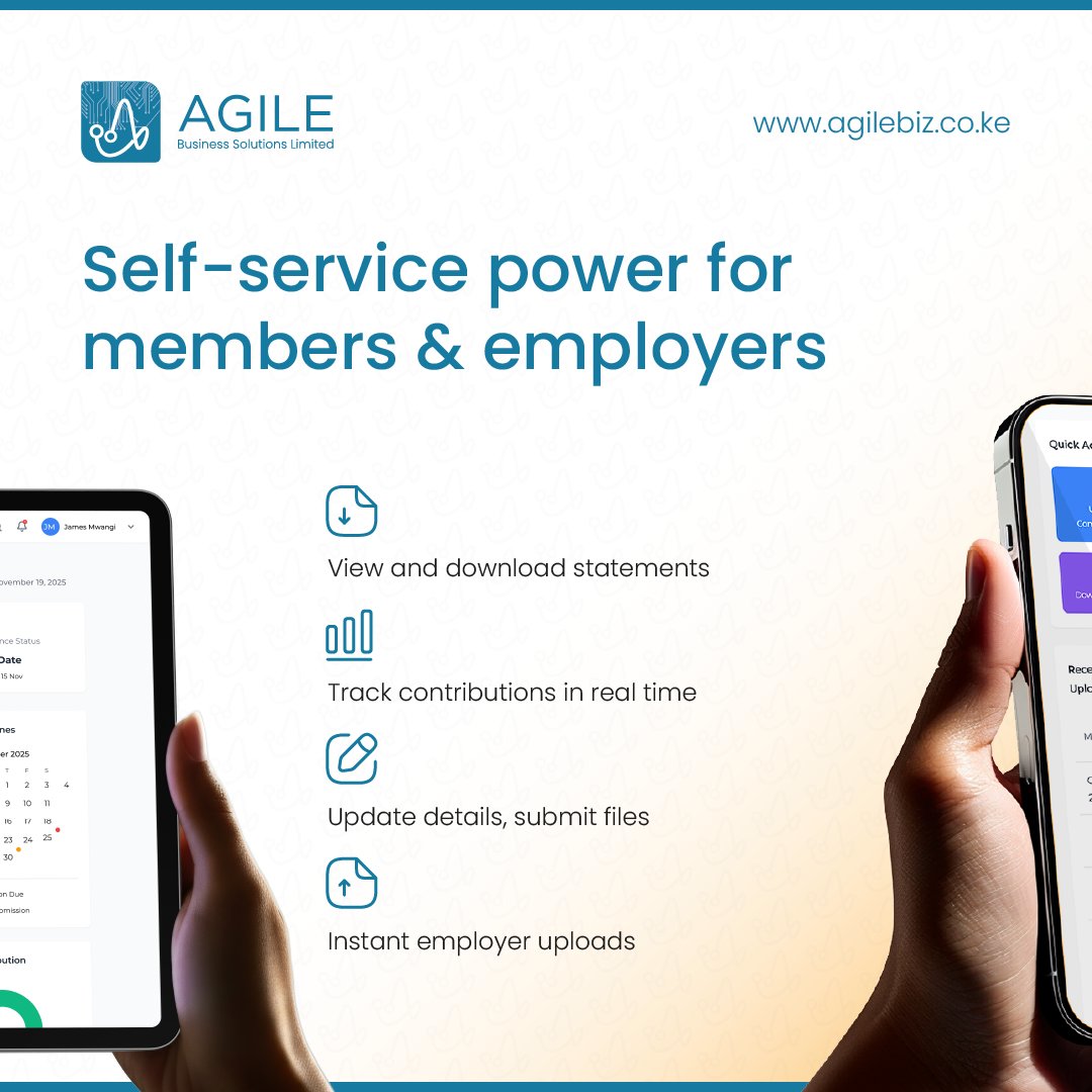 AgilebizKE's tweet image. ✅ Self-service portals for members &amp;amp; employers ✅ Mobile-ready dashboards &amp;amp; real-time updates ✅ Digital claims with smart automation ✅ A unified ecosystem for a seamless pension experience.

sales@agilebiz.co.ke