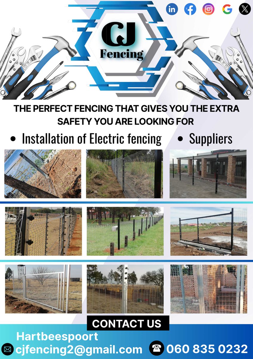 ADSONLINE123's tweet image. CJ Fencing
The perfect Fencing that gives you the extra safety you are looking for installation of Electric fencing Suppliers
Contact Us
060 835 0232
cjfencing2@gmail.com
Hartbeespoort
Clearview Fencing Hartbeespoort
Electric Fencing Hartbeespoort
Gate Motors Hartbeespoort