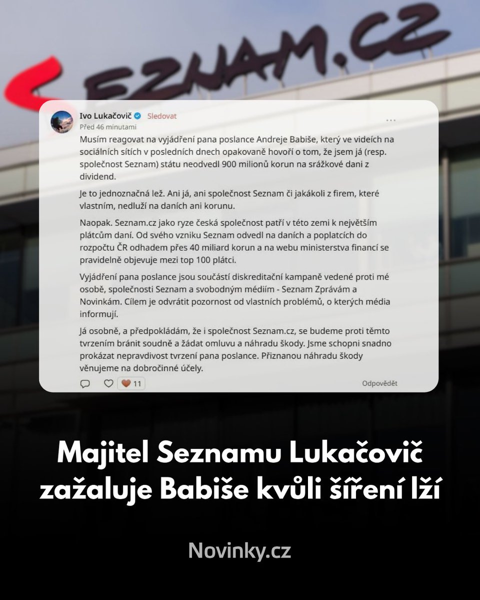 novinkycz's tweet image. ❗️Seznam nedluží na daních ani korunu, uvedl ve čtvrtek na sociální síti lidé.cz jeho vlastník Ivo Lukačovič. 

Za jednoznačnou lež pak označil opakovaná tvrzení předsedy ANO Andreje Babiše, že Seznam či on neodvedli státu 900 milionů korun na srážkové dani z…