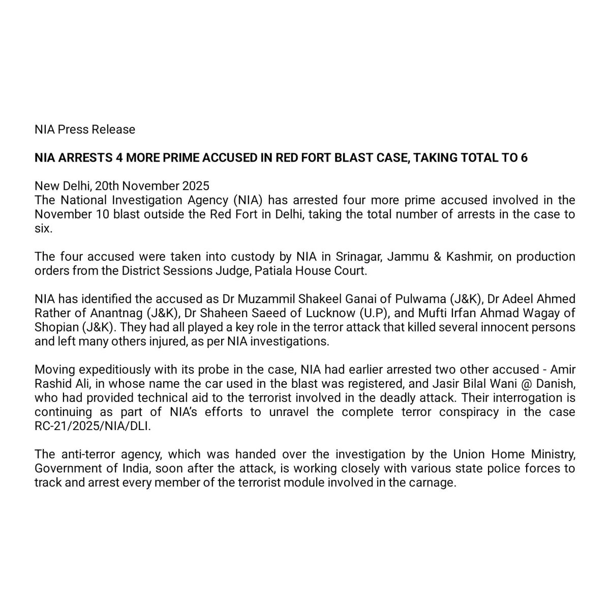 BREAKING NIA Arrests 4 more Prime Accused in Red Fort Blast Case, Taking total to 6.