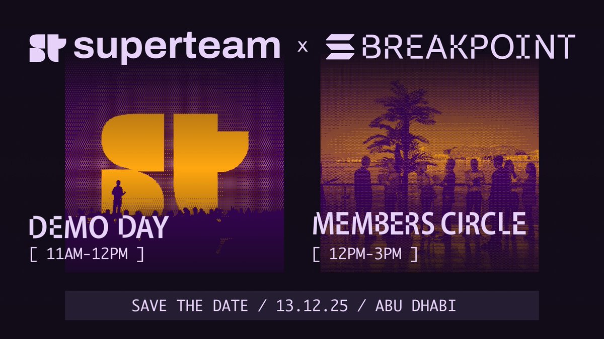 superteam's tweet image. Superteam 🤝 Breakpoint 

DEMO DAY -- Join us at the @SolanaConf stage where we hand the mic to top member-founded startups from across the world.

MEMBERS CIRCLE --  Meet your internet friends &amp;amp; fellow members at an exclusive brunch right after.  

who&apos;re we meeting in Abu…