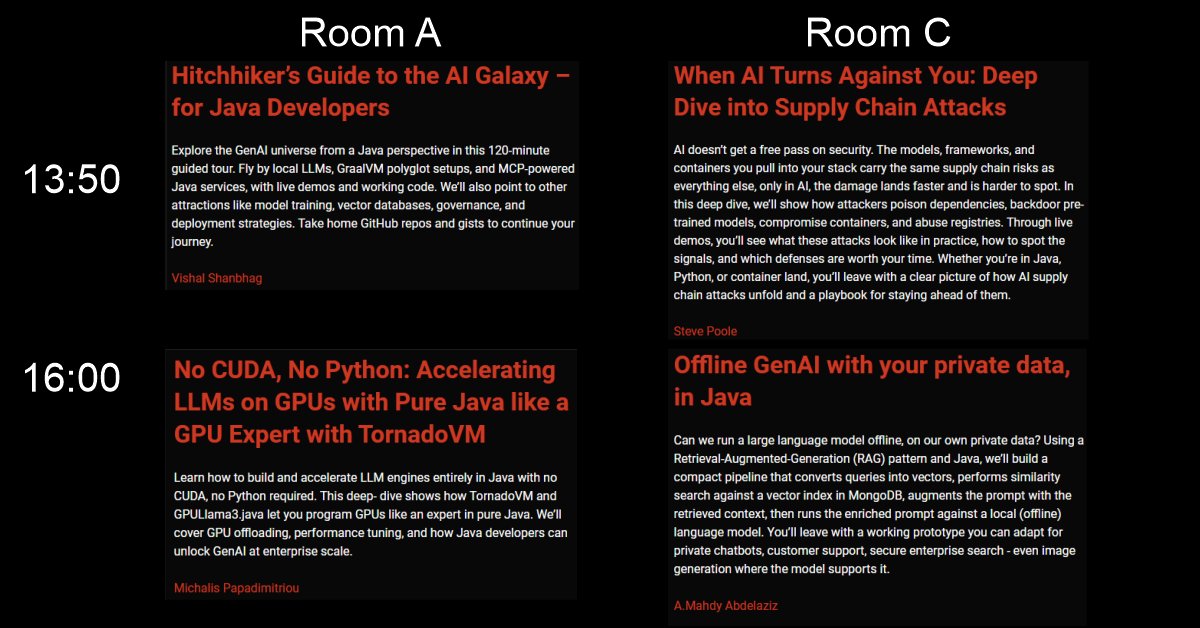 JAVAPROmagazin's tweet image. 📣 #GenAI2025 Slovenia agenda update!

13:50
• AI Galaxy for Java Devs (Room A)
• AI Supply Chain Attacks (Room C)

16:00
• LLMs on GPUs w/ Pure Java – TornadoVM (Room A)
• Offline GenAI with private data in Java (Room C)

@spoole167 @__amahdy @mikepapadim @MarkusKett