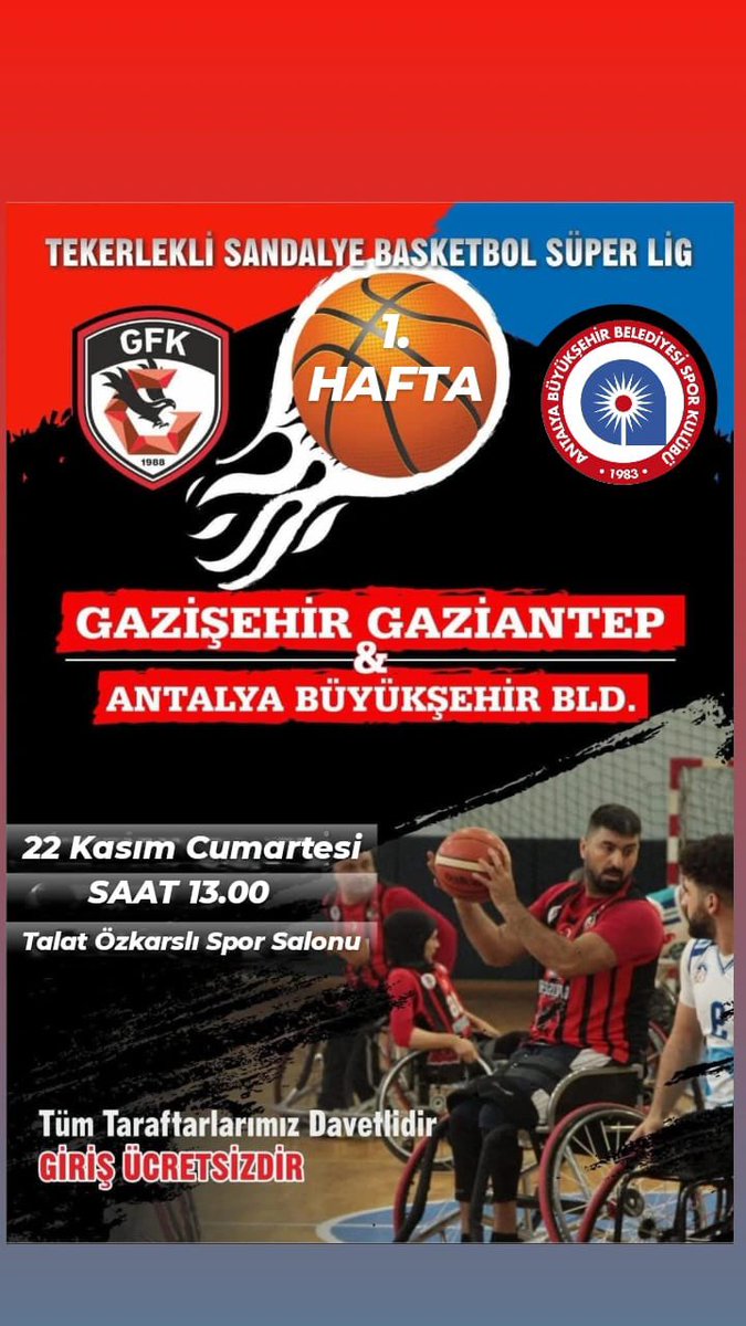🏀 Tekerlekli Sandalye Basketbol Süper Ligi Başlıyor!

📍 1. Hafta Maçı
Gazişehir Gaziantep 🆚 Antalya Büyükşehir Belediye Spor

📅 22 Kasım Cumartesi
🕐 Saat: 13.00
📌 Talat Özkarslı Spor Salonu

💬 Bu mücadelede sen de tribünde ol!

🎟️ Giriş ücretsizdir.