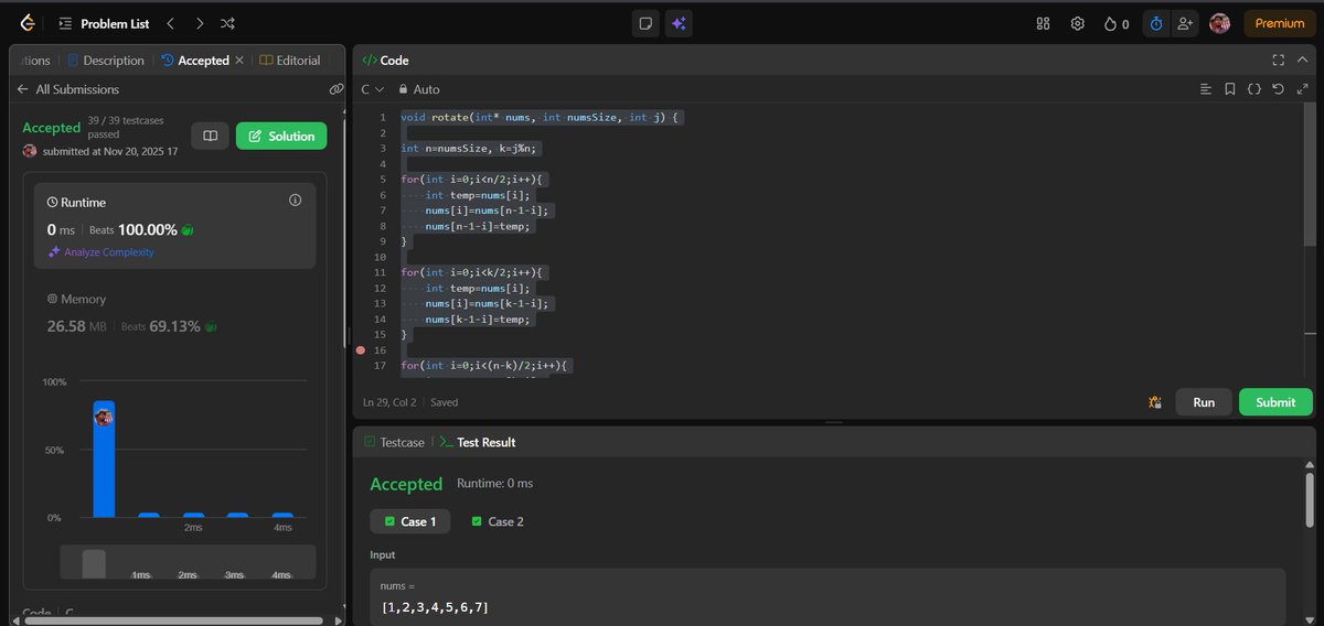shivam21102005's tweet image. Day 99 #100DaysOfCode — Array Rotation in C 🔄

Reverse entire array 🔁

Reverse first k elements ✨

Reverse remaining n-k elements 🔄

✅ In-place, O(n) time, O(1) space

Almost done! Day 100 tomorrow 🚀

#CProgramming #Algorithms #CodingJourney