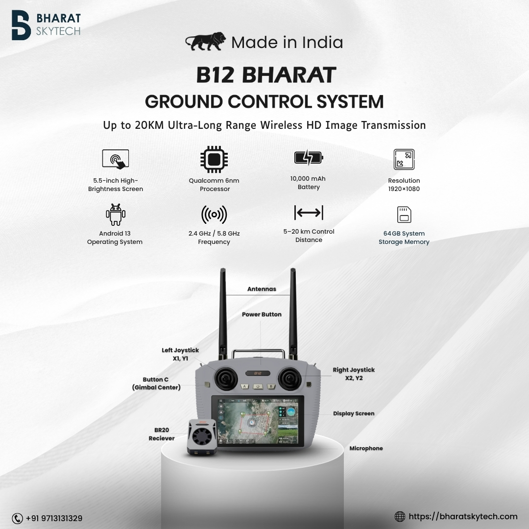 bharatskytech's tweet image. Made in India — The B12 Bharat has long-range connectivity with its HD display, 6nm processor &amp;amp; 10,000 mAh battery. WPC-approved with BR20 signal.
At Bharat Skytech, we supply trusted ag drone components.
bharatskytech.com
#bharatskytech #b12bharat  #dronecontroller