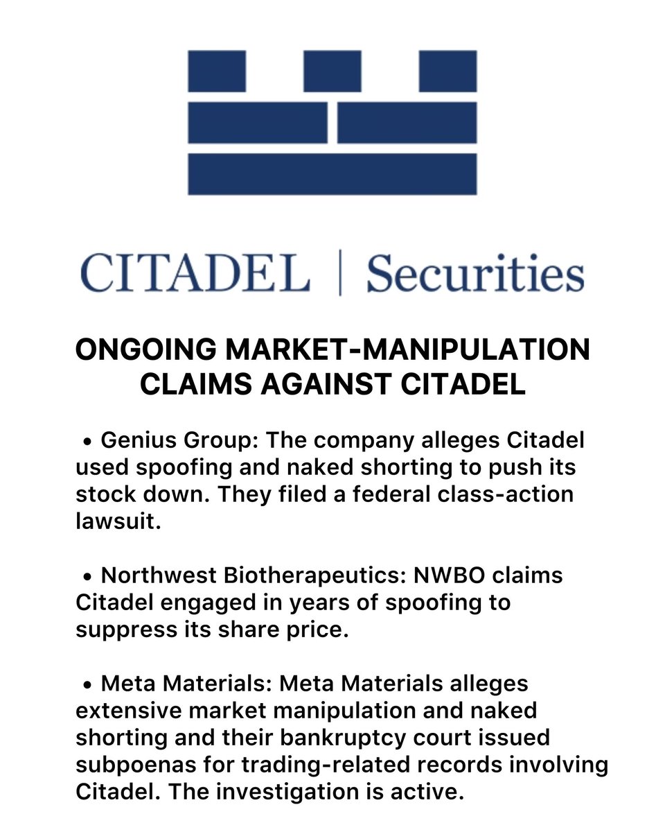 xMarketNews's tweet image. Citadel Market Manipulation 🚨🚨

- Citadel is being sued by a cancer company for spoofing $NWBO

- Citadel is being sued by an education company for Naked Shorting $GNS

- Citadel received a subpoena for manipulation from nano-tech company $MMAT

REPOST to spread the word🧨