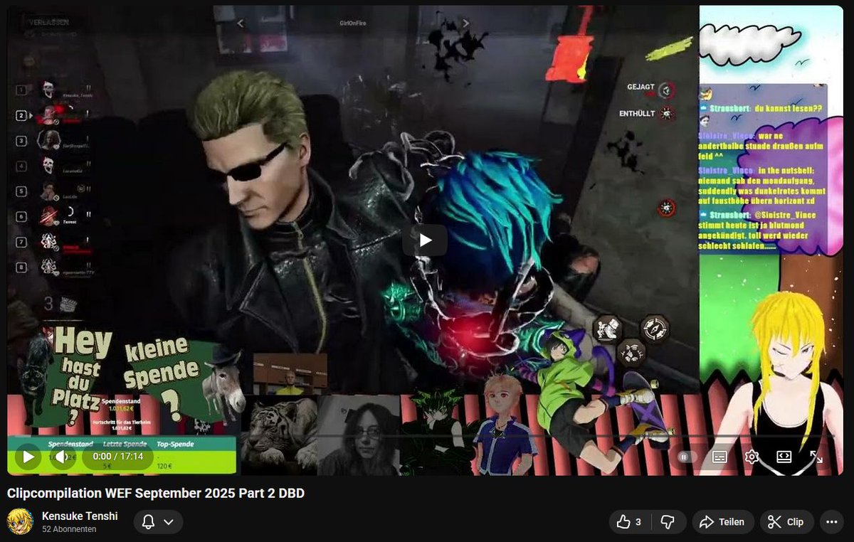 Das Wolfsenten Festival <a href="/Wolfentenevents/">Wolfsenten-Events</a>  geht weiter
Gerade kam die Clipcompilation WEF September 2025 Part 2 DBD hoch 
Dbd Part 1  mit 2 Spieleiter <a href="/bladbodi/">Blädbodi</a>  
Collab Gäste waren:
<a href="/riguarmortis/">Mortis</a>  @/Bengaltiger1983 @/Girlonfire @/RealLucarioKidJR <a href="/L30Li0n/">Le0Lion</a>  @/Terrest 
Video ⬇️