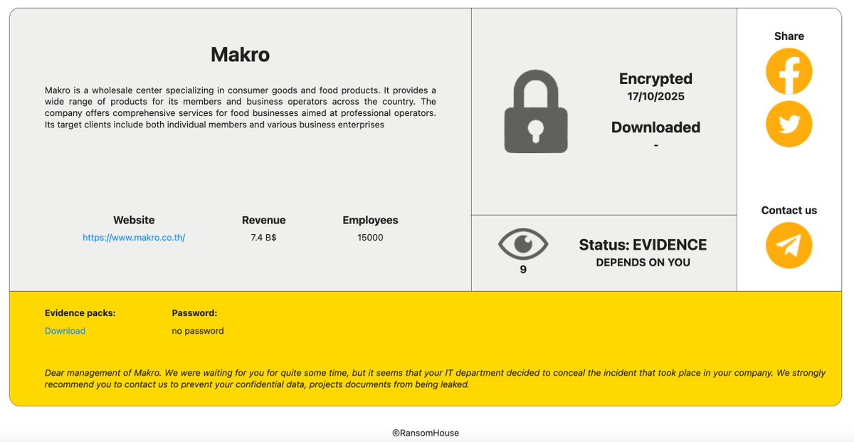 _venarixES_'s tweet image. El grupo #RansomHouse #ransomware habría #hackeado a 🛒 #Makro #Thailand 🇹🇭 (@Makro_TH), la cadena mayorista y minorista de #hipermercados...
#SET $CPAXT
Monitorea este incidente en #VenariX ➡️ venarix.com
#CyberAttack #supermercado #infosec #CyberSec…