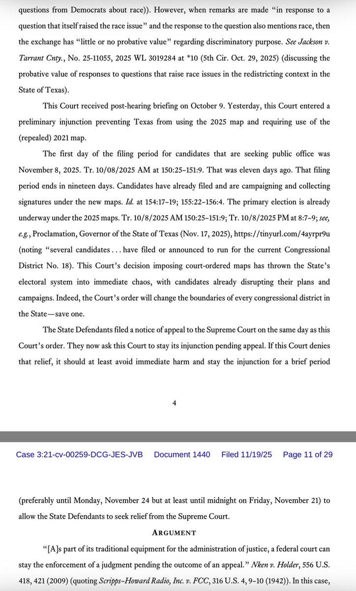 cbs11jack's tweet image. NEW: Texas asks three judge panel to stay the majority opinion blocking the newly drawn Congressional maps from being used in the 2026 midterm elections. It comes after a scathing dissent. TX wants the stay to see if the U.S. Supreme Court will rule on its appeal. @CBSNewsTexas
