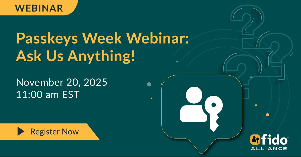 FIDOAlliance's tweet photo. 🔐 Welcome to day 4 of #PasskeysWeek!
🧑💻As part of Passkeys Week, today we’re hosting a live, interactive Ask Us Anything session designed for developers, product managers, and anyone building—or buying—authentication products and services.
Register: https://t.co/GkegSKbWAV https://t.co/O8dQMoItj7