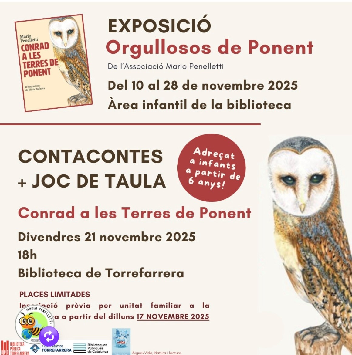 🍀🦉Les activitats del projecte  "Aigua=Vida, #Naturailectura" de les #BibliotequesLleida arriben a la Biblioteca de Torrefarrera!

🎲 📚Contes, jocs i una exposició per explorar la biodiversitat del territori.

➕Info 👉ja.cat/SYzwU

<a href="/bibliotequescat/">Biblioteques</a> <a href="/LiVilaltella/">Mario Penelletti</a>