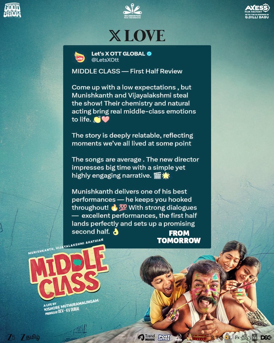 iamrajesh_pov's tweet image. #MiddleClass is winning hearts everywhere 🤍
Critics are praising #MiddleClass for its relatable narrative, strong performances, and an impressive directorial debut!
#MiddleClassFromNov21