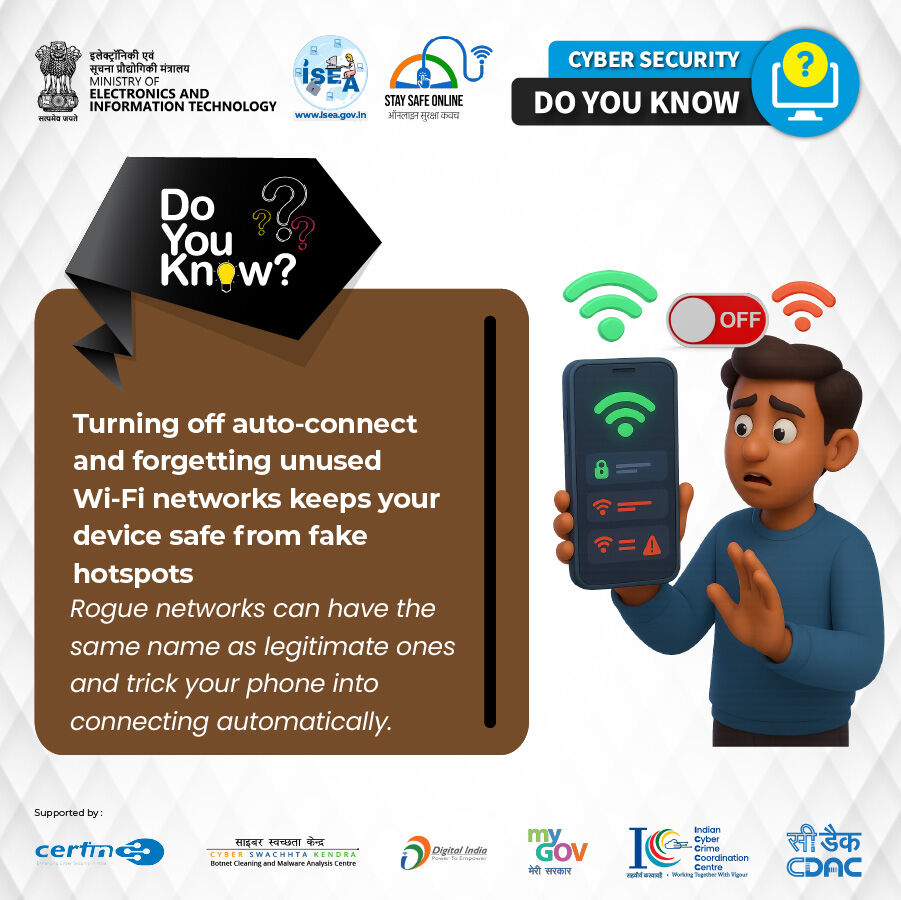 SSOIndia's tweet image. #DoYouKnow 
Turn off auto-connect and forget unused Wi-Fi to stay safe from fake networks. 

#WiFiSecurity #CyberAwareness #DigitalSafety #SafeBrowsing #DeviceProtection #OnlineSafety #CyberSecurity #NetworkSafety #TechTips #StaySecure

@GoI_MeitY @_DigitalIndia @mygovindia…