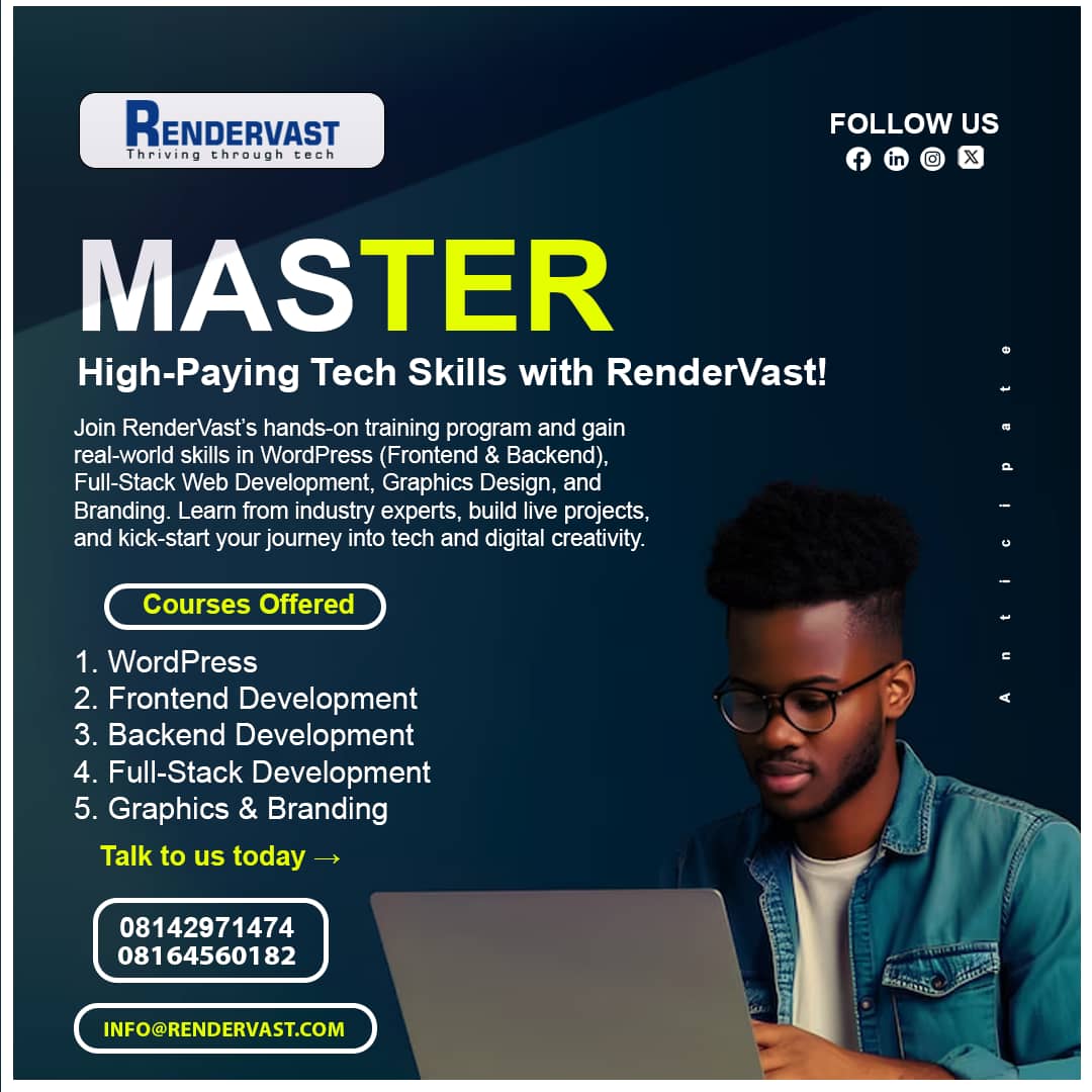 rendervast's tweet photo. 🚀 Ready to build real digital skills?

At Rendervast, we train you to become job-ready with hands-on courses:
• WordPress
• Frontend Dev
• Backend Dev
• Fullstack Dev
• Graphics &amp; Branding
Your tech journey starts here.
DM to register.
#Rendervast #TechTraining #WebDev https://t.co/wtqzePjP0h