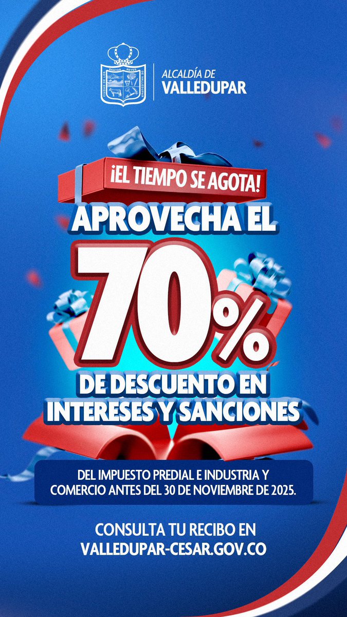Si tienes deudas pendientes, este es el mejor momento para ponerte al día y evitar nuevos recargos. Desde la Alcaldía de Valledupar seguimos facilitando trámites para que más familias recuperen su tranquilidad financiera.

Paga aquí: hacienda.valledupar.gov.co/#page_1/