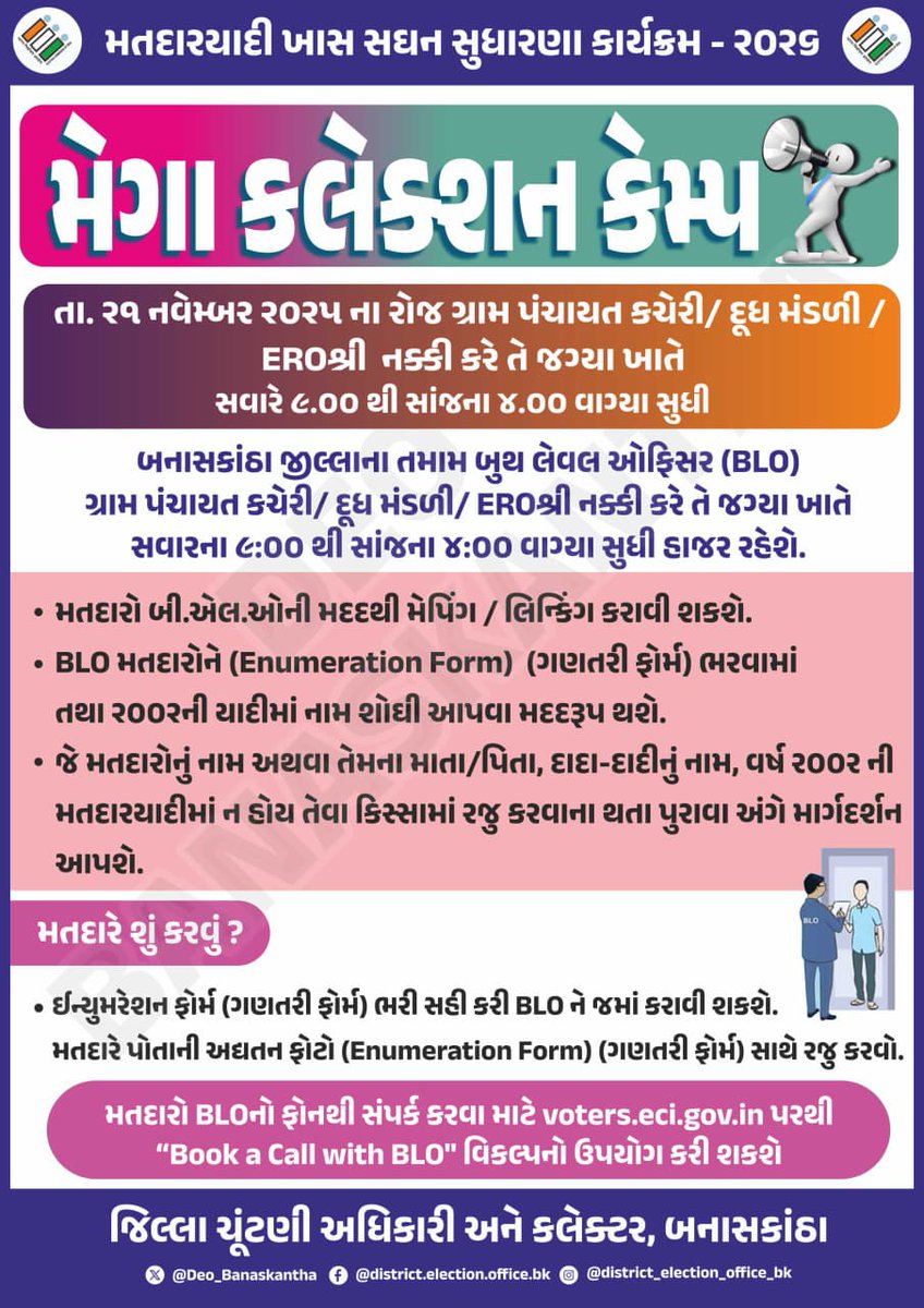 બનાસકાંઠા જિલ્લામાં મતદારયાદી સઘન સુધારણા કાર્યક્રમ-૨૦૨૬ અંતર્ગત આવતીકાલે ૨૧ નવેમ્બરના રોજ મતદારોને Enumeration Form ભરવા, નામ–વિગતો ચકાસવા અને જરૂરી સુધારણા માટે ગ્રા.પં. કચેરી/દૂધ મંડળી/EROશ્રી નક્કી કરે તે જગ્યા ખાતે ખાસ મેગા કલેકશન કેમ્પનું આયોજન કરવામાં આવેલ છે. <a href="/CEOGujarat/">Chief Electoral Officer, Gujarat</a>
