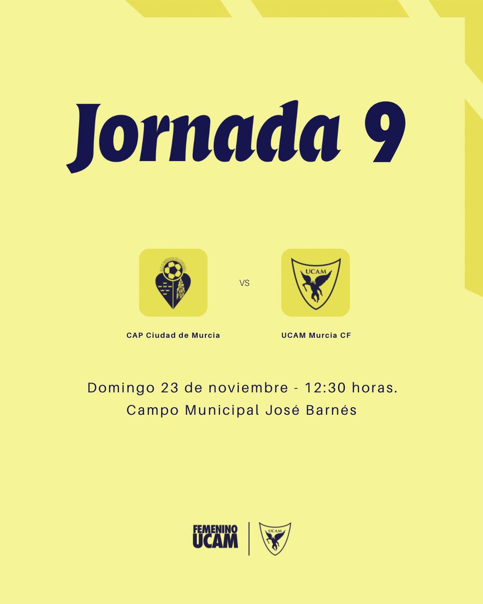 📌 #UCAMFemenino | 𝐇𝐨𝐫𝐚𝐫𝐢𝐨 𝐜𝐨𝐧𝐟𝐢𝐫𝐦𝐚𝐝𝐨:

🏆 Jornada 9 - G.XIII de Tercera Federación.
📆 Domingo 23 de noviembre. 
🆚 <a href="/CiudadDeMurcia/">CAP Ciudad de Murcia</a>.
⌚️ 12:30h.
🏟️ Mpal. José Barnés.

#CiudadDeMurciaUCAMMurcia | 2025/26