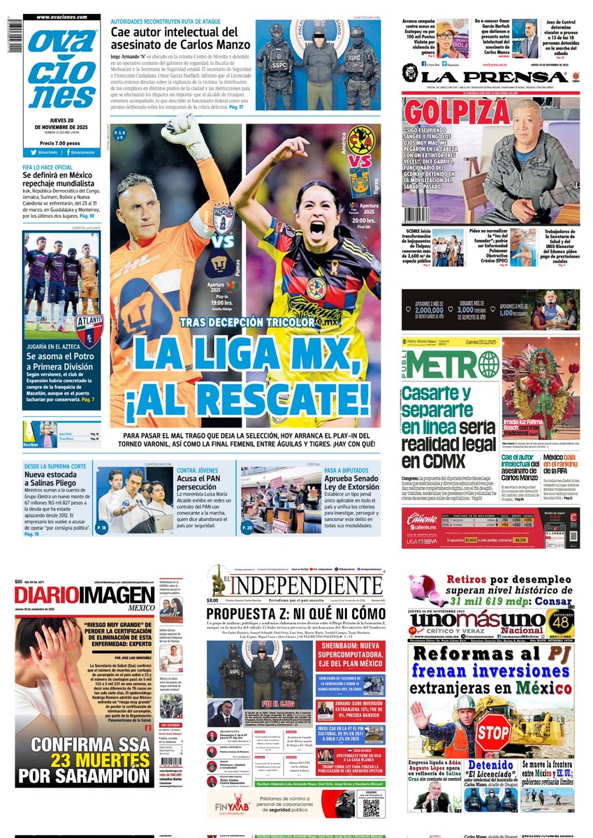 castroclemente's tweet image. Las #PrimerasPlanas 
#EnPortada 
- Cae autor intelectual del asesinato de Carlos Manzo 
- Ejército identifica desde 2014 a grupos violentos
  • Y los han dejado actuar 
Hay #monos mirando manifestantes 
EsTT: Adame Jorge Armando El Licenciado 

#Portadas 
#FelizJueves