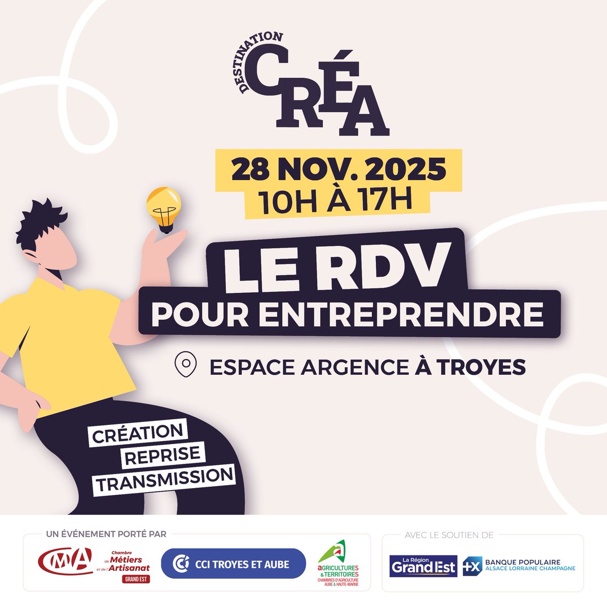 HandiConseils's tweet photo. Handi Conseils sera au salon Destination CRÉA le 28 novembre à l’Espace Argence (10h–17h).
Besoin d’administratif ou de communication ? Venez nous rencontrer !

#DestinationCrea #HandiConseils #Entrepreneuriat #Troyes https://t.co/EnAIfCPE0i