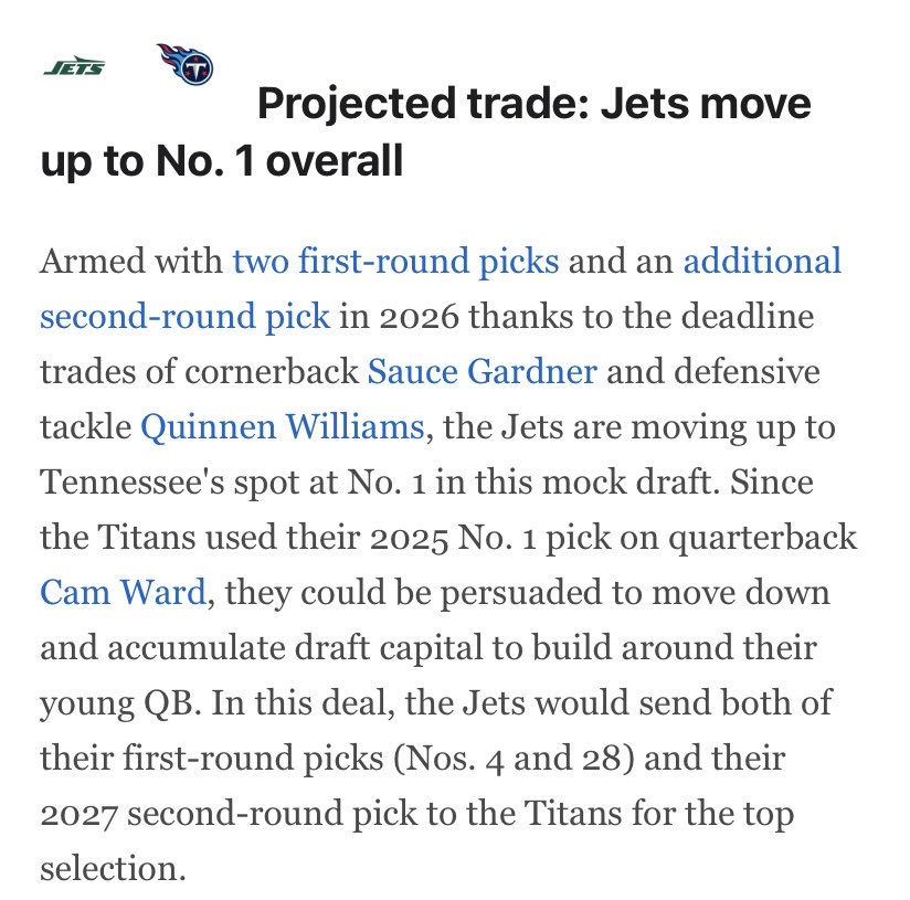 DTereman's tweet image. ESPN’s Matt Miller (@nfldraftscout) published his most recent 1st round mock, and he had the Jets making a splash trade to go get their QB.

- Jets receive: Pick 1.01
- Titans receive: Pick 1.04, 1.28, 2027 2nd

Would you do this trade if you are Darren Mougey and the Jets?…