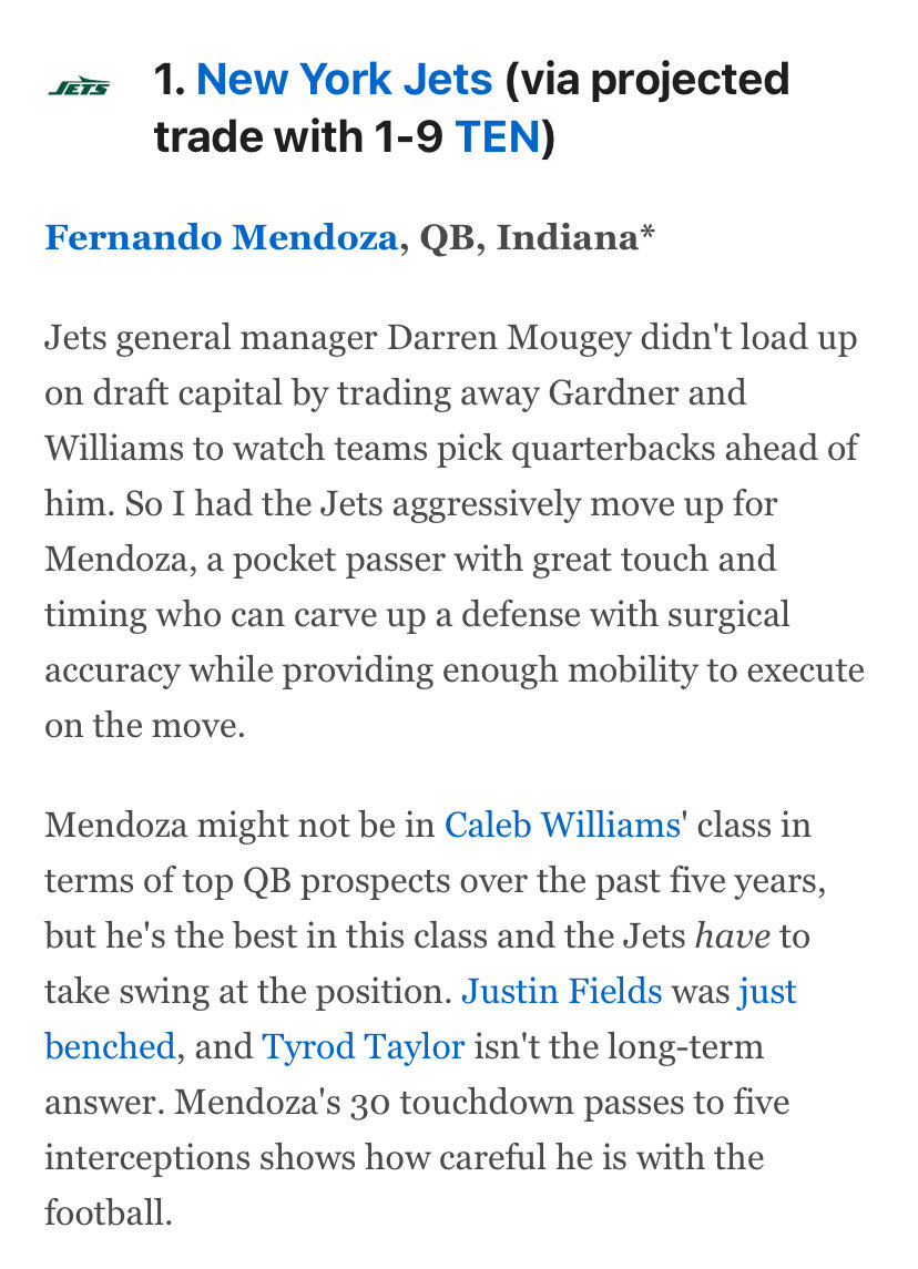 DTereman's tweet image. ESPN’s Matt Miller (@nfldraftscout) published his most recent 1st round mock, and he had the Jets making a splash trade to go get their QB.

- Jets receive: Pick 1.01
- Titans receive: Pick 1.04, 1.28, 2027 2nd

Would you do this trade if you are Darren Mougey and the Jets?…