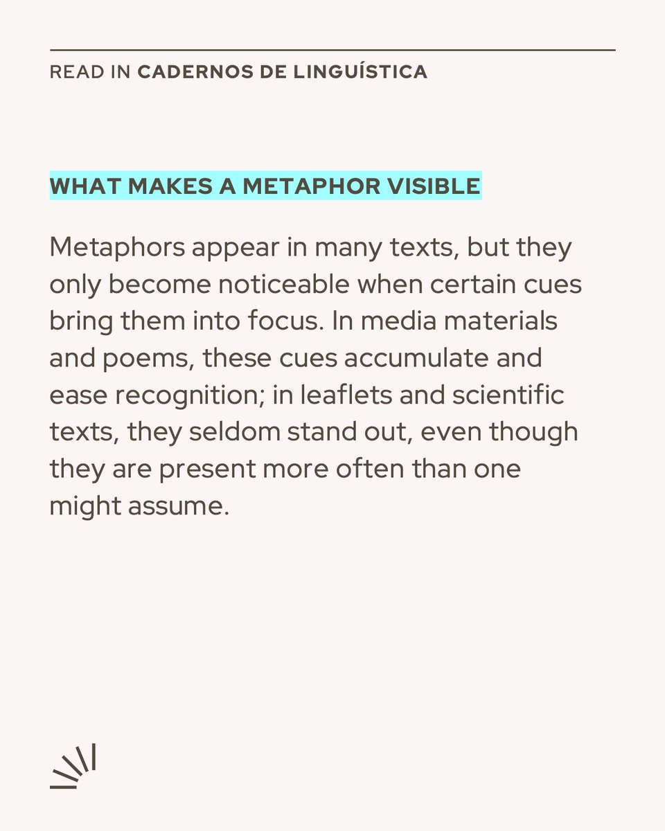 Readers often feel that poems and magazine covers teem with metaphor while scientific texts seem restrained. Dalby Dienstbach shows how cues of metaphoricity guide that intuition across genres.
#linguistics
doi.org/10.25189/2675-…