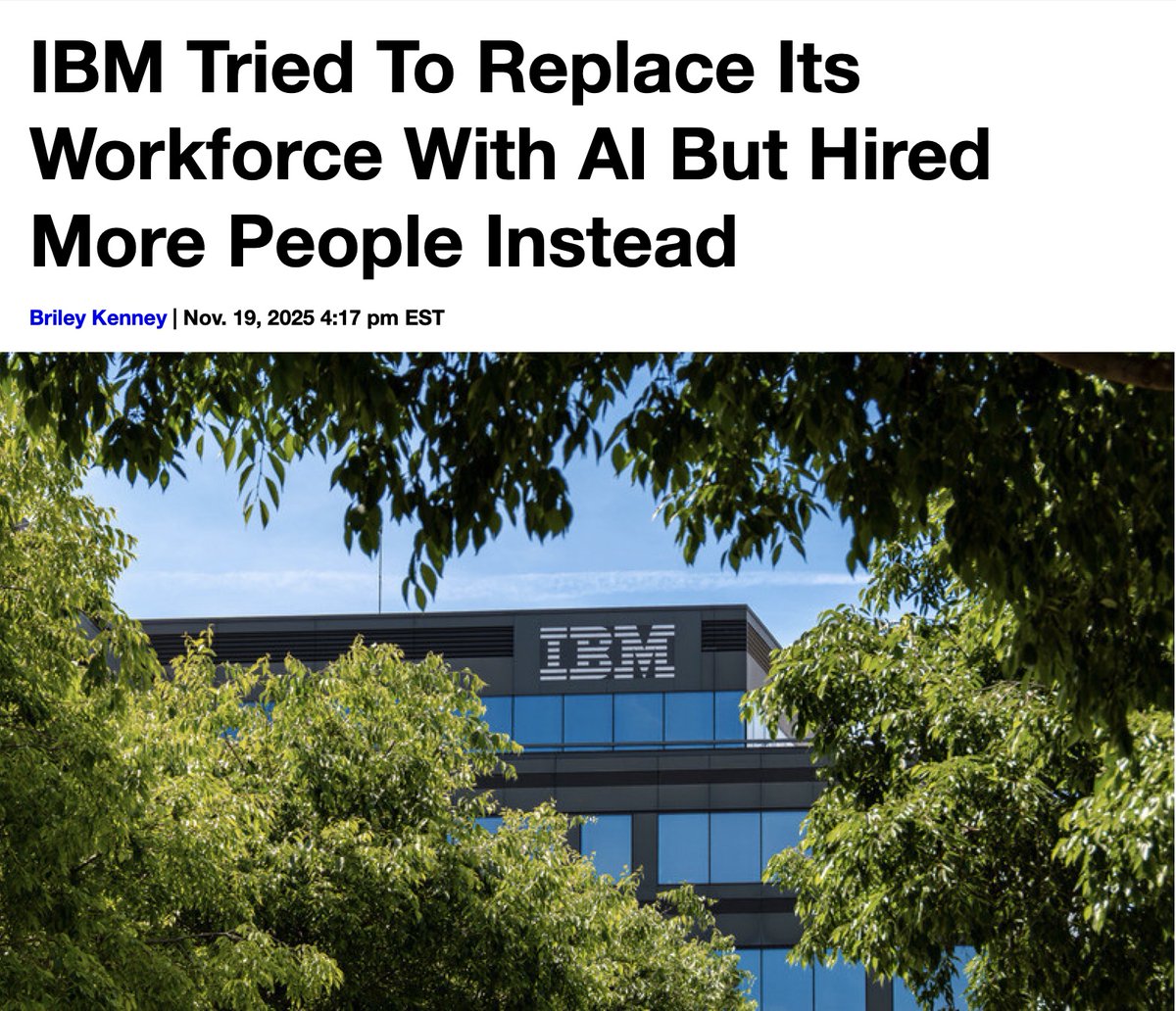 randomrecruiter's tweet image. AI cutting jobs isn’t news anymore. 

It’s the story everyone expects. 

But IBM just showed there might be a more positive side of the equation.

Earlier they automated 8,000 roles with AI. 

Stuff with admin tasks, low leverage work, etc. The type of stuff every other company…