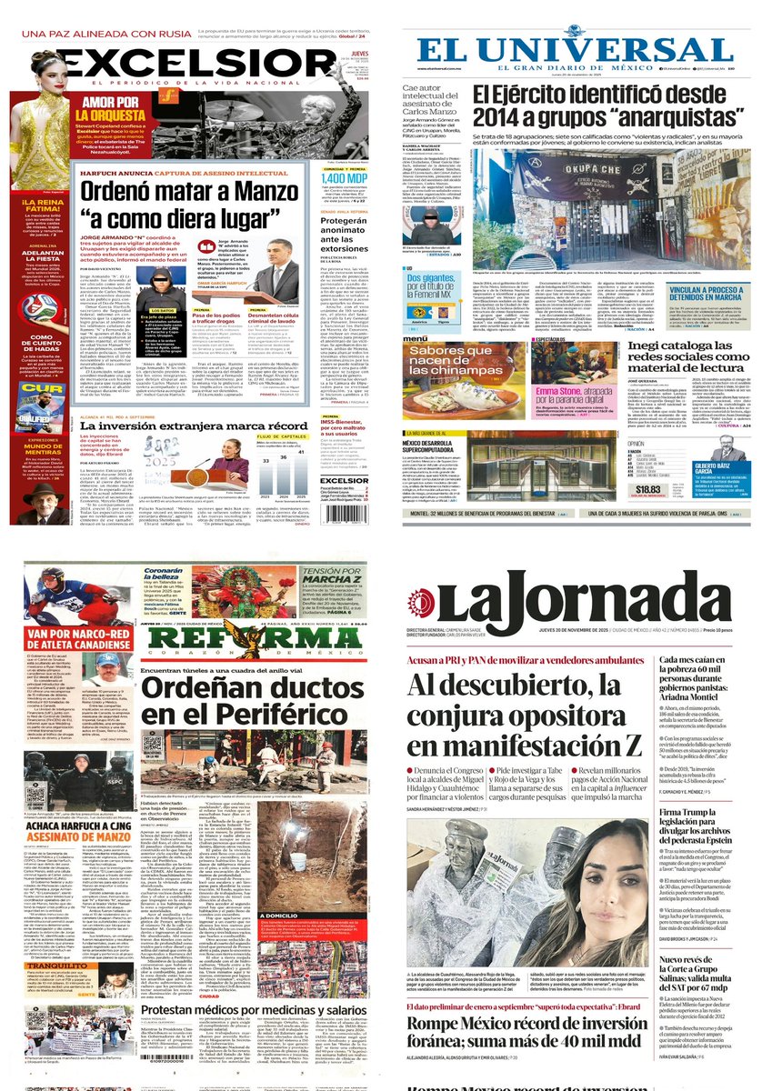 castroclemente's tweet image. Las #PrimerasPlanas 
#EnPortada 
- Cae autor intelectual del asesinato de Carlos Manzo 
- Ejército identifica desde 2014 a grupos violentos
  • Y los han dejado actuar 
Hay #monos mirando manifestantes 
EsTT: Adame Jorge Armando El Licenciado 

#Portadas 
#FelizJueves