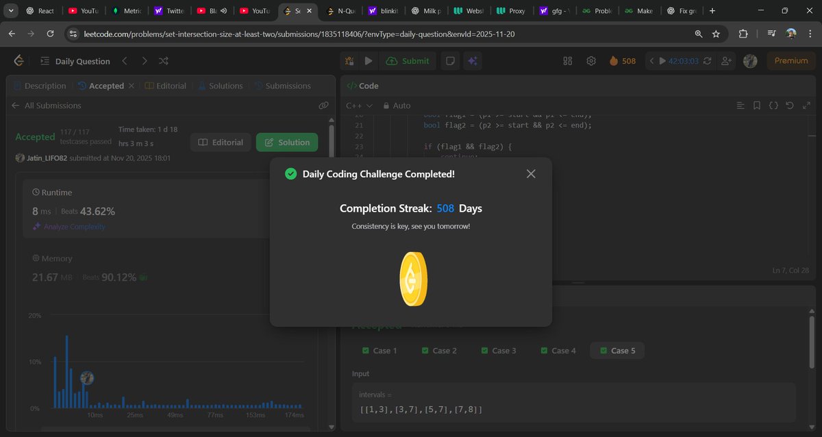 Jatin_lifo82's tweet image. 🌟Day 323👨‍💻. 
Solve @geeksforgeeks || @LeetCode 
POTD Cpp⚡
Question LC. 757. Set Intersection Size At Least Two  Hard ✅. 
Question GFG. Make Strings Equal Medium ✅. 
#geeksforgeeks #leetcode #DSA #POTD 
@LeetCode @geeksforgeeks #CPP25 #CodingChallenge