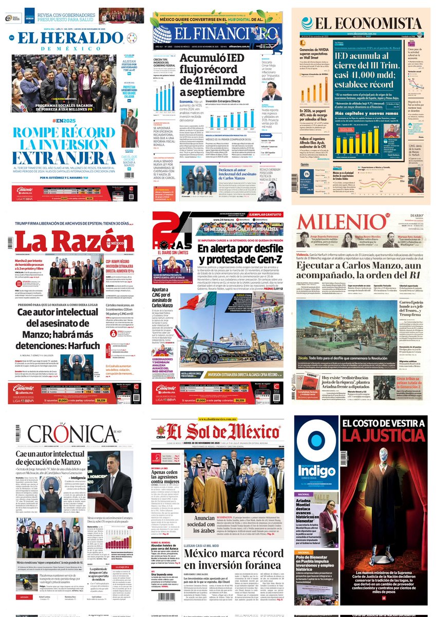 castroclemente's tweet image. Las #PrimerasPlanas 
#EnPortada 
- Cae autor intelectual del asesinato de Carlos Manzo 
- Ejército identifica desde 2014 a grupos violentos
  • Y los han dejado actuar 
Hay #monos mirando manifestantes 
EsTT: Adame Jorge Armando El Licenciado 

#Portadas 
#FelizJueves