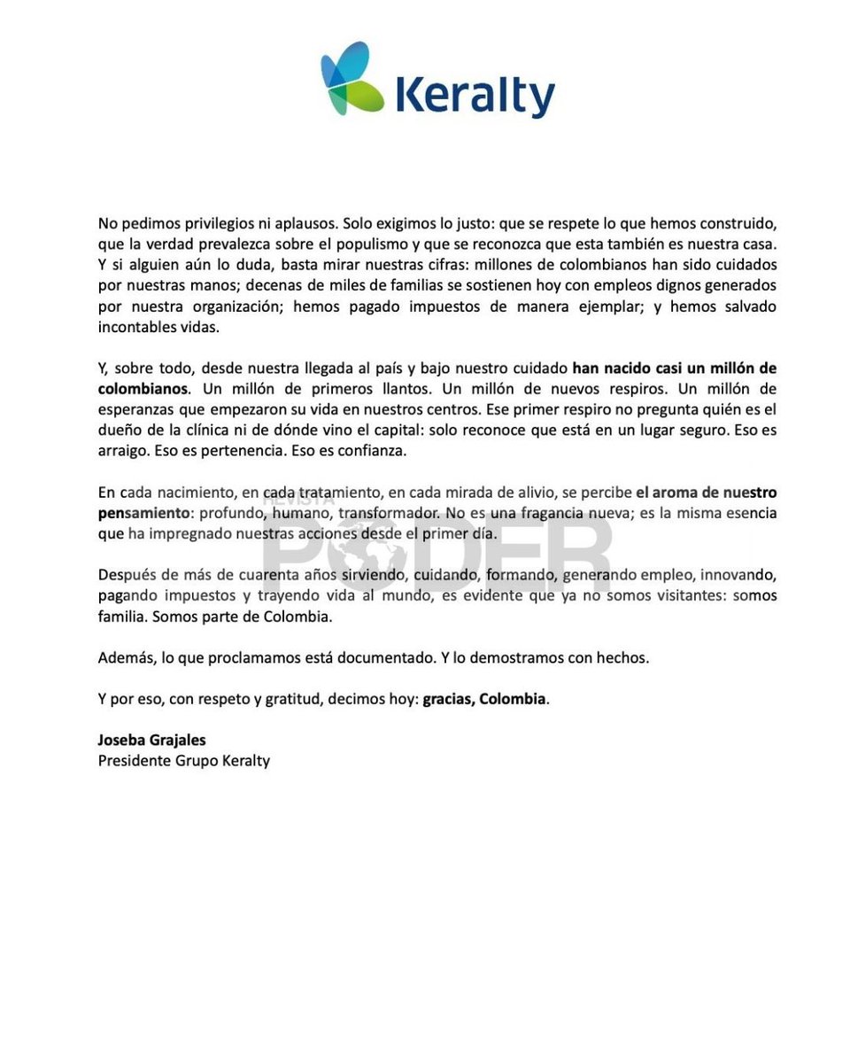 RevistaPODERcol's tweet image. #ATENCIÓN | Keralty defendió su labor en Colombia en una carta pública, resaltando 40 años de servicio, empleo, inversión y un millón de nacimientos atendidos. Afirmó que no busca privilegios, sino respeto por su trabajo. #RevistaPoder #NoticiaPoder #Keralty #SanitasEPS…
