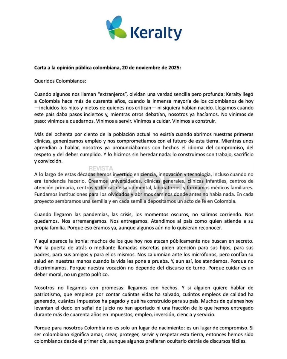RevistaPODERcol's tweet image. #ATENCIÓN | Keralty defendió su labor en Colombia en una carta pública, resaltando 40 años de servicio, empleo, inversión y un millón de nacimientos atendidos. Afirmó que no busca privilegios, sino respeto por su trabajo. #RevistaPoder #NoticiaPoder #Keralty #SanitasEPS…