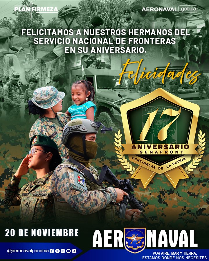 aeronavalpanama's tweet photo. Saludamos al @senafrontpanama en su #17Aniversario.
Su valentía y compromiso fortalecen la seguridad de nuestras fronteras.
¡Felicidades a cada hombre y mujer que sirve con honor! 🇵🇦
#SomosMuchoMás
#CompromisoConLaPatria https://t.co/M4EkYNQP0j