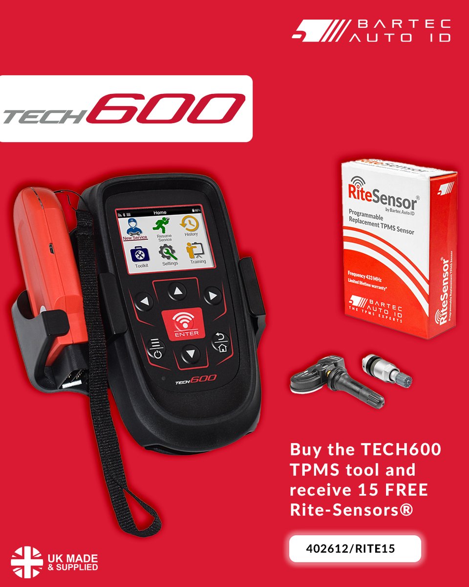 BartecAutoID's tweet photo. Unlock unbeatable value with the TECH600 bundle deal! 🚗✨
Get our premium TPMS tool (TECH600) bundled with 15 Rite-Sensors® -  the perfect combination for faster service, greater accuracy, and total TPMS coverage.

Why technicians love this bundle:
• Industry-leading coverage with the TECH600
• OE-quality performance from Rite-Sensors®
• Truly wireless, no cables

Equip your workshop with tools you can trust from the market leaders in TPMS technology. 🔧

#BartecAutoID #TPMS #TECH600 #RiteSensors #AutomotiveTools #WorkshopEquipment