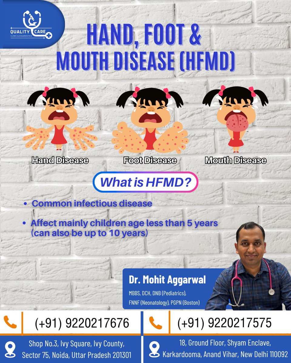 QualityCareClin's tweet photo. 🦠 Hand, Foot &amp; Mouth Disease (HFMD): Know the Signs Protect Your Child!
-
👨‍⚕️Dr. Mohit Aggarwal, Best Pediatrician

📞 Call Now: (+91)9220217676
-
#DrMohitAggarwal #QualityCareClinic #HFMD #ChildHealth #PediatricCare #HealthyGrowth #ChildNutrition #OverweightKids #ChildSpecialist https://t.co/zKpW3AZYO1