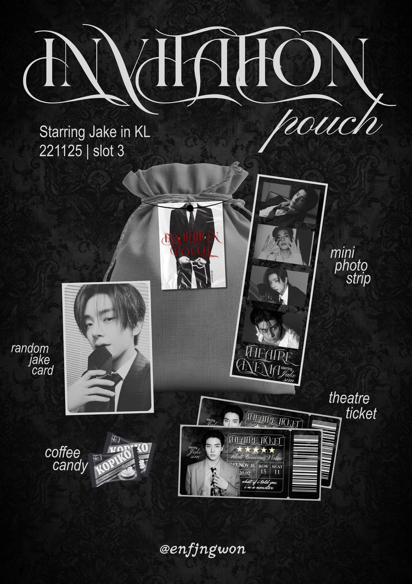 enfjngwon's tweet photo. “INVITATION POUCH 🎬”
freebies by @enfjngwon 

Date : 22 Nov 2025 / Saturday 
Location : dolce cafe , Lalaport BBCC
Slot 3 : 2:00-3:00pm

⋆˙.✦ 50pax only!
⋆˙.✦ fcfs!
⋆˙.✦ help like &amp; rt!

tysm and see yeaa^^

#StarringJakeinKL #Jake @se7ENstars__ https://t.co/7LG3NVeh54
