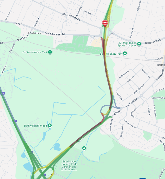 trafficscotland's tweet photo. ❗️NEW ⌚️12:38
🗺️#A725 - Bellshill Bypass - Bellziehill
⛔️The #A725 is ⛔️CLOSED NORTHBOUND ⛔️ due to a road traffic collision
❗️Traffic is being DIVERTED off at the off slip and back onto the #A725 by the on slip
🚗Drivers should use caution on approach and #ExpectDelay https://t.co/2gH7etxXLB