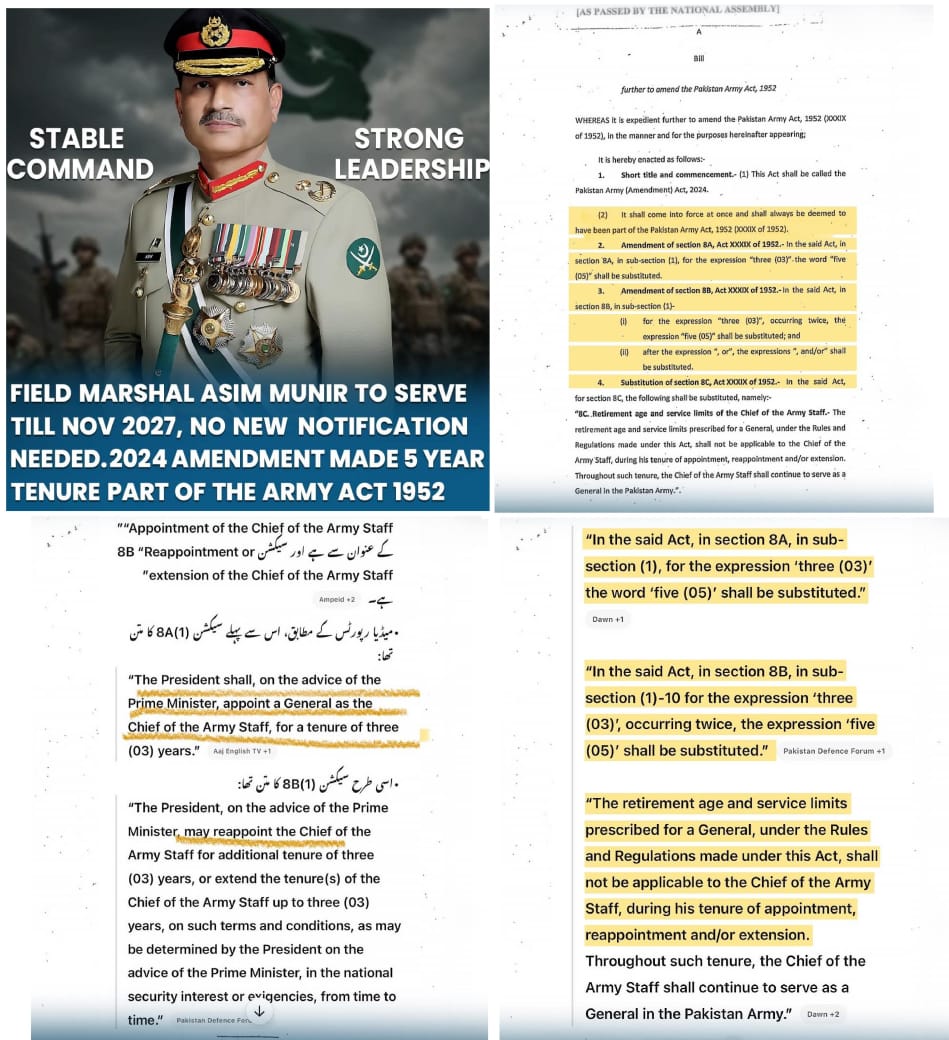 still_ISI's tweet photo. مستحکم کمانڈ، مضبوط قیادت۔ فیلڈ مارشل عاصم منیر نومبر 2027 تک خدمات انجام دیں گے - کسی نئے نوٹیفکیشن کی ضرورت نہیں ہے۔ 2024 ترمیم نے 5 سالہ مدت کو آرمی ایکٹ 1952 کا حصہ بنا دیا۔
#COAS #Asimmunir https://t.co/6shaQLoI60