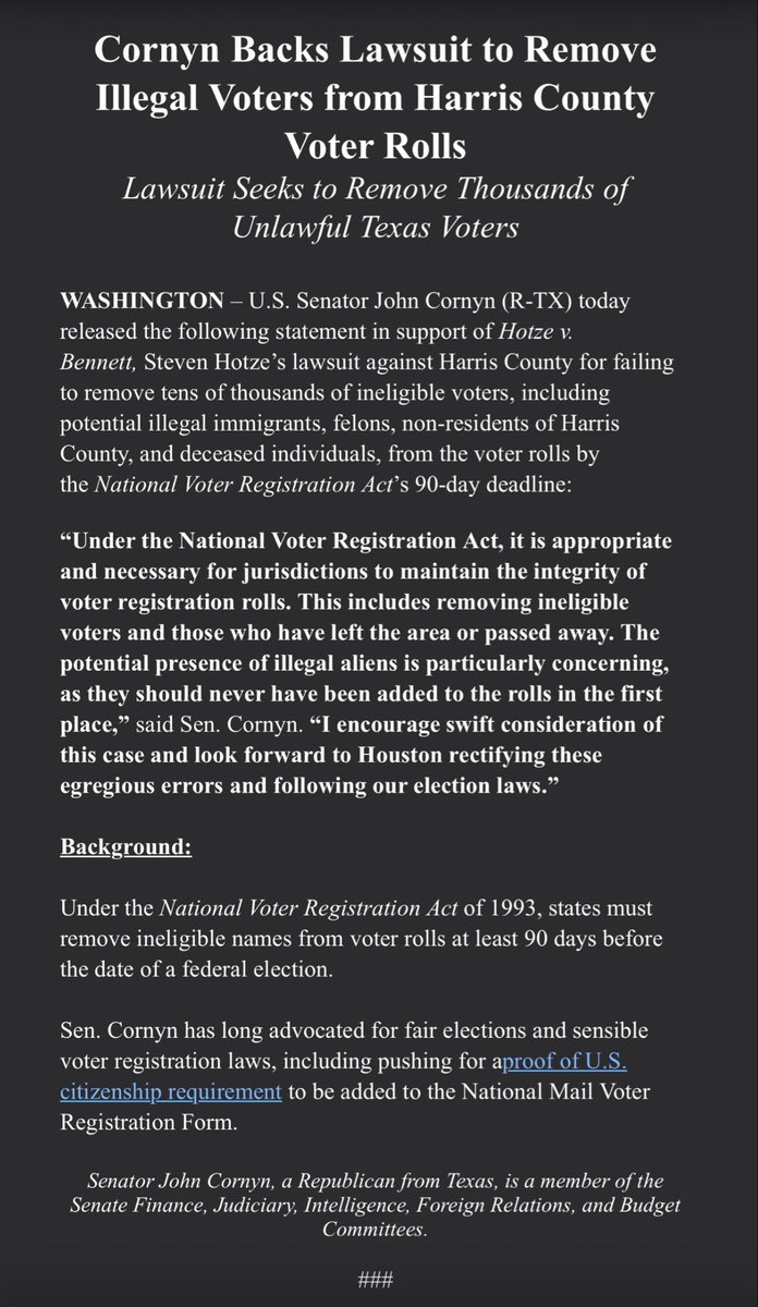 MattMackowiak's tweet photo. ICYMI: @JohnCornyn backs Hotze lawsuit to clean up Harris County voter rolls.

#txsen #houvotes https://t.co/6YBrE5qs1d