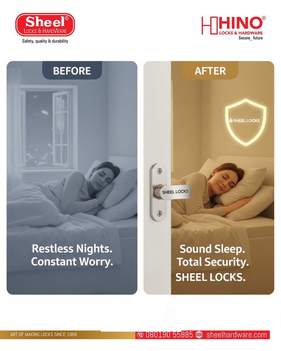 sheellocks1's tweet image. Restless nights? Constant worry?
Not anymore.🔐 With Sheel Locks, your home stays protected — giving you the gift of peaceful sleep.
✨ Secure. Safe. Sound.
#SheelLocks #HomeSecurity #PeaceOfMind #SoundSleep #SafetyMatters #SecureLiving #LocksAndHardware #FeelSafeAtHome