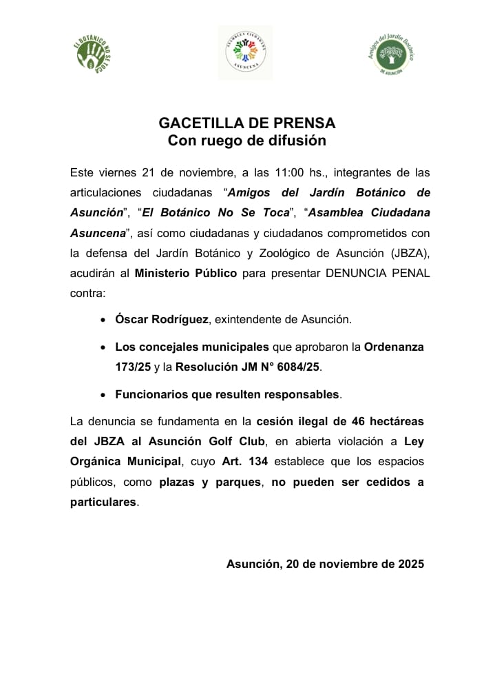 Se invita a la ciudadanía a acompañar la presentación de la #DenunciaPenal y exigir a la justicia que investigue y sancione a los responsables.
<a href="/nenechopy/">Nenecho Rodríguez</a>
<a href="/felixmayala/">Felix M Ayala</a>
<a href="/javierpintos_py/">Javier Pintos</a>
<a href="/luisbello_asu/">Luis Bello</a>
<a href="/Miguel_Sosa_py/">Miguel Sosa Cabañas</a>
<a href="/Nasseresgaib/">Nasser Esgaib Ortega</a>
<a href="/CeresEscobar/">Ceres Escobar</a>
<a href="/Juankozorio/">Juank Ozorio</a>
<a href="/JesusLaraPy/">Jesús Lara Céspedes</a>