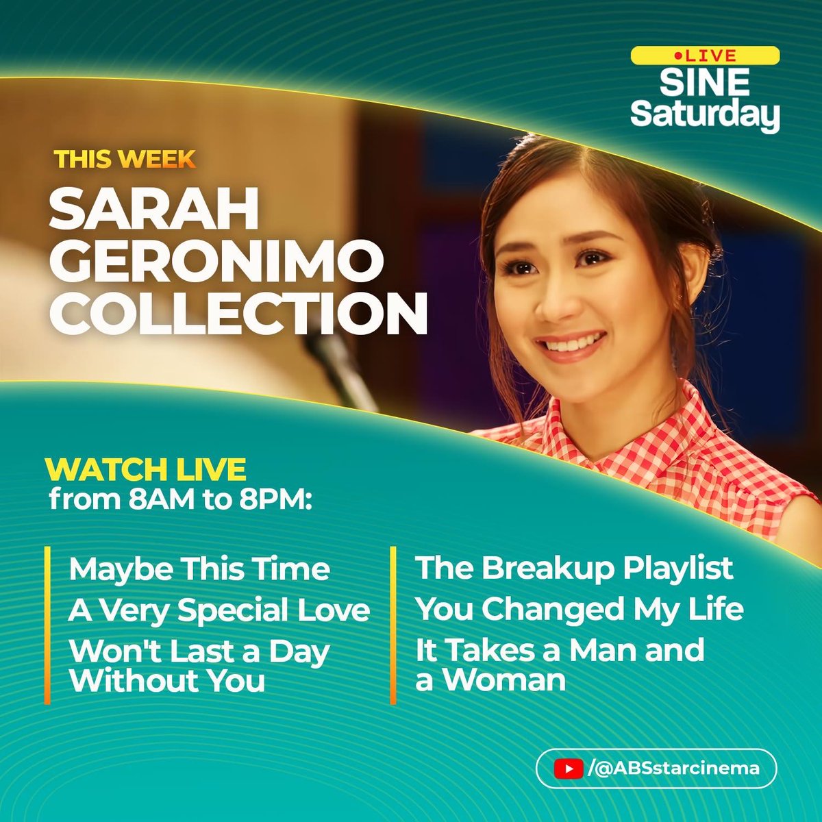 ❗️❗️❗️SARAH GERONIMO COLLECTION ON LIVE SINE SATURDAY❗️❗️❗️ ​

Who loves the multi-talented Popstar Royalty Sarah Geronimo?! This one's for the Popsters! We'll be playing a collection of Sarah G movies LIVE from 8AM 'til 8PM on November 22!  ​

Witness her iconic roles. Her